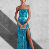 Classy Tiffany Blue Sequins Dress Formal Mermaid Prom Outfit Weddings Long Party Dresses HZ0311