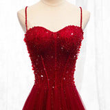 Straps Dark Red Beaded Sweetheart Long Formal Dress, Junior Prom Dress HZ0311