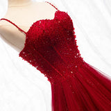 Straps Dark Red Beaded Sweetheart Long Formal Dress, Junior Prom Dress HZ0311