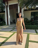 Sexy Mermaid Spaghetti Straps Gold Slit Long Prom Dresses Inspiration Formal Gown HZ0311