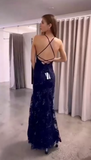 Sparkly Mermaid Halter Navy Blue Lace Long Formal Gowns Prom Dresses Sequins Evening Dress HZ0311