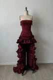 Modest High Low Strapless Burgundy Satin Prom Dresses With Beads Evening Party Formal Gown 18th Birthday Gowns HZ0311