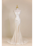 Timeless Mermaid Spaghetti Straps White Sequin Long Bride Dress Summer Simple Classy Wedding Dresses HZ0311