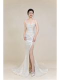 Timeless Mermaid Spaghetti Straps White Sequin Long Bride Dress Summer Simple Classy Wedding Dresses HZ0311