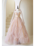 Cute Ball Gown Spaghetti Strap Light Pink Tulle Pleated Long Prom Dresses For Teens Formal Dress Formal Dress Prom Gown HZ0311