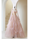 Cute Ball Gown Spaghetti Strap Light Pink Tulle Pleated Long Prom Dresses For Teens Formal Dress Formal Dress Prom Gown HZ0311