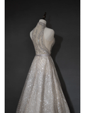 Timeless A line Women's Silver Wedding Dress With Sequin V Neck Bride Dress HZ0311