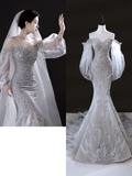 Sparkly Mermaid Off The Shoulder Women's Silver Wedding Dress With Sequin Lace Long Sleeves Bride Dress HZ0311