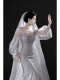 Sparkly Mermaid Off The Shoulder Women's Silver Wedding Dress With Sequin Lace Long Sleeves Bride Dress HZ0311