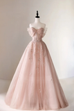 Modest Ball Gown Off The Shoulder Blush Pink Lace Tulle Prom Dresses Long Party Dress Evening Dresses HZ0311