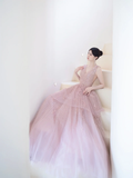 Modest Ball Gown V Neckline Pink Tulle Beaded Prom Dresses Long Party Dress Evening Dresses HZ0311