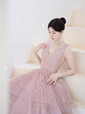 Modest Ball Gown V Neckline Pink Tulle Beaded Prom Dresses Long Party Dress Evening Dresses HZ0311