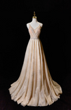 Modest A line Spaghetti Straps Champagne Sequin Prom Dresses Long Party Dress Evening Dresses HZ0311