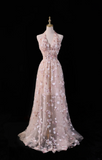 Vintage A Line Halter Pink Lace Backless Long Prom Dresses Aesthetic For Teens Formal Dress Party Outfits Prom Gown HZ0311