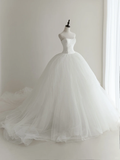 Simple Women¡¯s Ball Gown Strapless Bridal Wedding Dresses With Lace Appliques Floor Length Tulle Brides Gown for Bride HZ0311