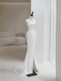 Simple Women's White Mermaid Strapless Sleeveless Satin With Slit Wedding Dresses for Brides Dress HZ0311