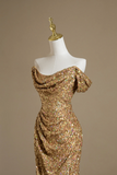 Modest Mermaid Off The Shoulder Gold Sequins For Women Party Dress Long Formal Prom Dresses 22th Birthday Outfits HZ0311