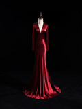 Modest Mermaid V Neck Long Sleeves Burgundy Satin For Women Party Dress Long Formal Prom Dresses 22th Birthday Outfits HZ0311
