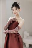 Modest Mermaid Strapless With Gloves Long Sleeves Burgundy Satin For Women Party Dress Long Formal Prom Dresses 22th Birthday Outfits HZ0311