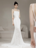 Timeless Women's Mermaid Spaghetti Straps White Tulle With Lace Appliqued Wedding Dress for Bride Dresses HZ0311