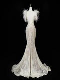 Timeless Women's Mermaid Spaghetti Straps White Sequins With Feathers Wedding Dress for Bride Dresses HZ0311