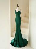Modest Mermaid Spaghetti Straps With Beads Long Dark Green Satin For Women Party Dress Formal Prom Dresses 22th Birthday Outfits HZ0311