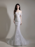 Women¡¯s Off The Shoulder Mermaid With Sleeves Beads Bridal Wedding Dresses Floor Length For Bride HZ0311