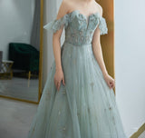 Elegant A line Square Neck Green Tulle Long Formal Prom Evening Dresses Dinner Outfits Party Gowns HZ0311