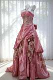 Vintage Ball Gown Strapless Pink Taffeta Prom Dresses Inspiration Long Party Evening Dress 20th Birthday Outfits HZ0311