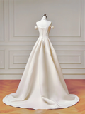 Romantic Long Wedding Dresses A Line Off The Shoulder Satin Pleated Wedding Dress Style For Brides Fitted With Train Bridal Gowns HZ0311