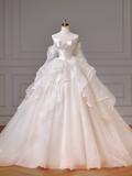 Princess Long Wedding Gowns Ball Gown Off The Shoulder Long Sleeves Pleated Tulle for Bride With Train White Bridal Dress HZ0311
