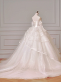 Princess Long Wedding Gowns Ball Gown Off The Shoulder Long Sleeves Pleated Tulle for Bride With Train White Bridal Dress HZ0311