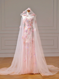 Modest Prom Dresses Aesthetic A Line Strapless Pink Lace Tulle Inspiration Impress With Cape Long Party Formal Gown For Teenagers High Schools HZ0311