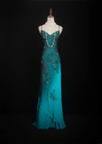 Unique Mermaid Spaghetti Strap Blue 90s With Beads For Women Party Dresses Long Formal Prom Dress 20th Birthday Gowns HZ0311