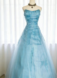 Unique Ball Gown Strapless Blue Tulle 90s With Beaded Bodice For Women Long Prom Dress 20th Birthday Gowns HZ0311