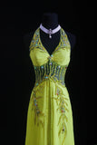 Glitter A line Halter Bud Green Chiffon Silver Beads For Women Party Dresses Long Formal Prom Dress 18th Birthday Gown HZ0311