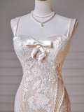 Timeless Long Wedding Gowns Mermaid Spaghetti Strap Sleeveless Lace for Bride With Pearls Fitted Train Bridal Dress HZ0311