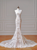 Timeless Long Wedding Gowns Mermaid Spaghetti Strap Sleeveless Lace for Bride With Pearls Fitted Train Bridal Dress HZ0311