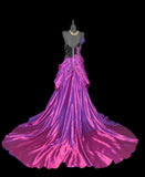 Modest A Line One Shoulder Hot Pink Satin Sleeveless Long Prom Dresses High School Senior Graduation Dance Party Outfits HZ0311