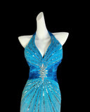 Modest Mermaid Halter Blue With Slit Beads Sleeveless Long Prom Dresses High School Senior Graduation Dance Party Outfits HZ0311