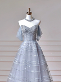 Modest Prom Dresses Aesthetic Ball Gown Off The Shoulder Light Blue Tulle Inspiration Impress Long Party Formal Gown For Teenagers High Schools Girls HZ0311