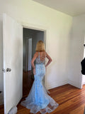 Modest Mermaid Spaghetti Strap Light Sky Blue Tulle Corset Back Evening Dresses High School Teens Senior Night Dance Prom Outfits HZ0311