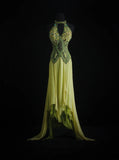 Vintage Prom Dresses 90s Formal A line High Neck Green Chiffon With Beadings Long Party Gowns Prom Dresses HZ0311