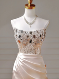 Chic Prom Dresses Aesthetic Mermaid Strapless Blush Pink Satin With Pleated Beads Slit Inspo Impress Long Party Formal Gown For Teenagers High Schools HZ0311