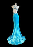 Classic Mermaid Halter Satin High Low Blue Sleeveless Long Prom Dresses High School Senior Graduation Dance Evening Outfits HZ0311