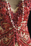 Vintage Prom Dresses 90s Formal Mermaid Scoop Neck Champagne With Red Beadings Long Party Gowns Prom Dresses HZ0311