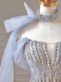 Modest Prom Dresses Aesthetic Ball Gown Strapless Light Sky Blue Sequin Corset Fitted Impress Long Party Formal Gown For Teens High Schools Girls HZ0311