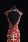Vintage Prom Dresses 90s Formal Mermaid Scoop Neck Champagne With Red Beadings Long Party Gowns Prom Dresses HZ0311