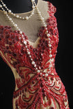 Vintage Prom Dresses 90s Formal Mermaid Scoop Neck Champagne With Red Beadings Long Party Gowns Prom Dresses HZ0311