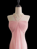 Classic Mermaid Halter Pink Chiffon Sleeveless Long Prom Dresses High School Senior Graduation Dance Evening Outfits HZ0311